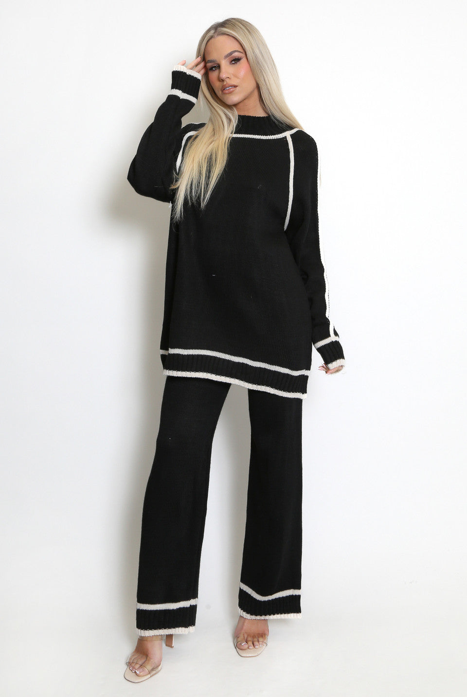 High Neck Knitted Jumper And Wide Leg Trouser Set