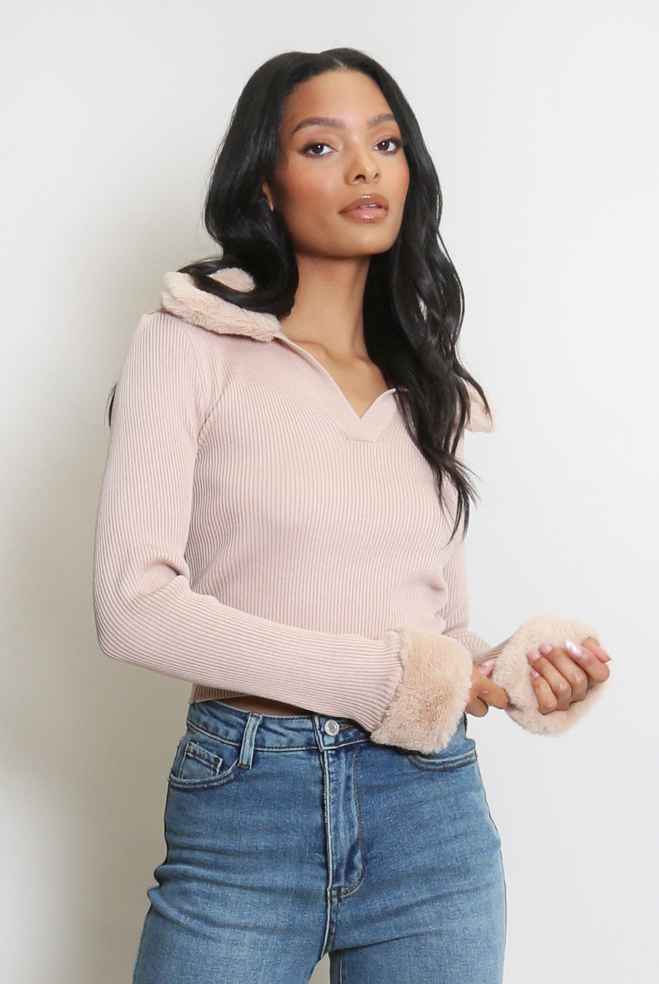 Faux Fur Collar And Cuff Ribbed Knit Jumper