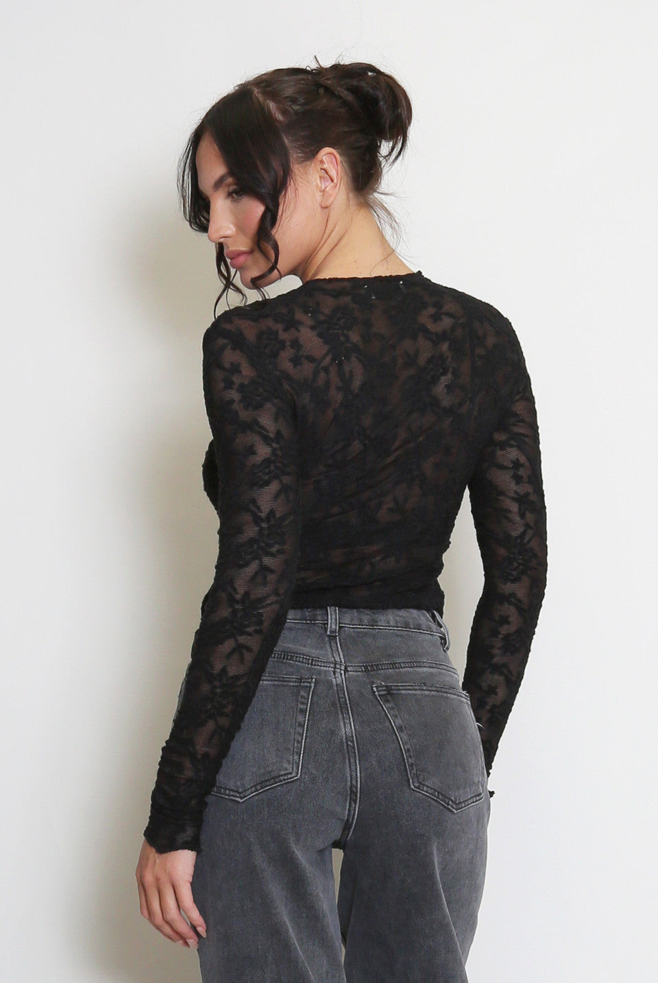 Ruched Hem Lace Mesh Top