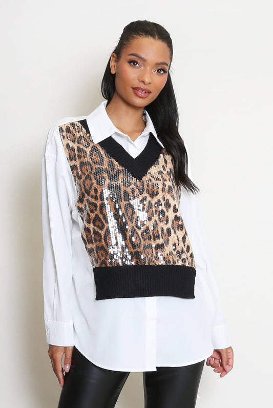 Leopard Sequin Sweater Front Shirt